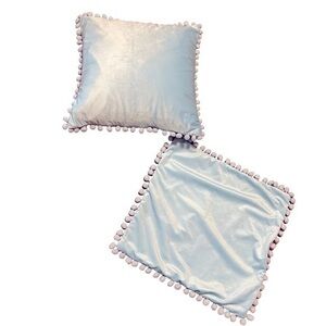 Set of 2 Velvet Pillow‎ Covers Ice Blue with Pom poms. Hidden zipper. NWOT